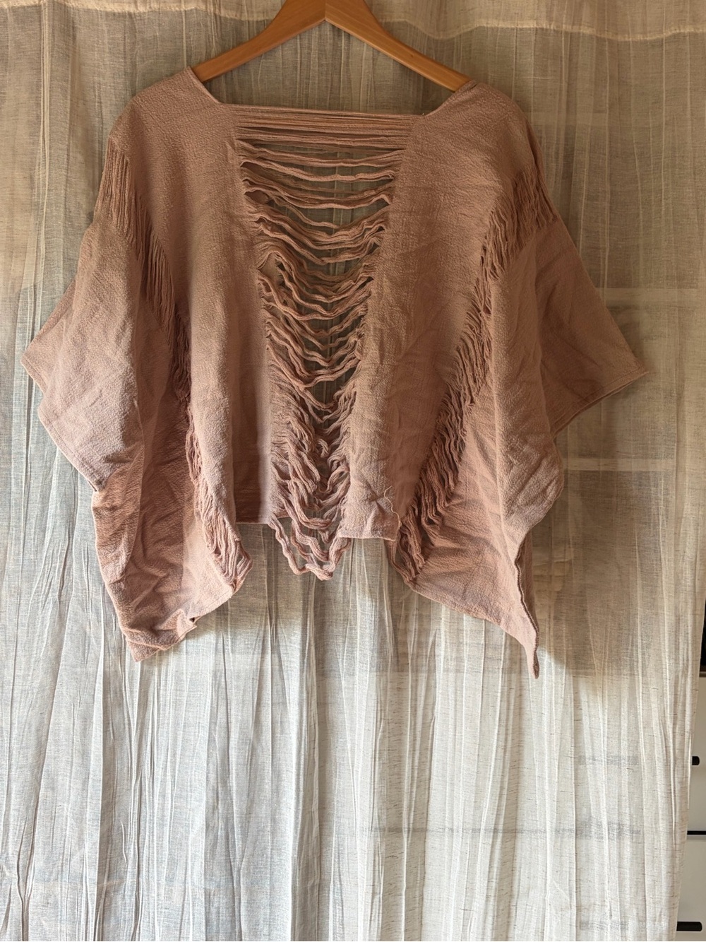 Boho Distressed Fringe Knit Top/Beach Cover - Dusty Rose One Size